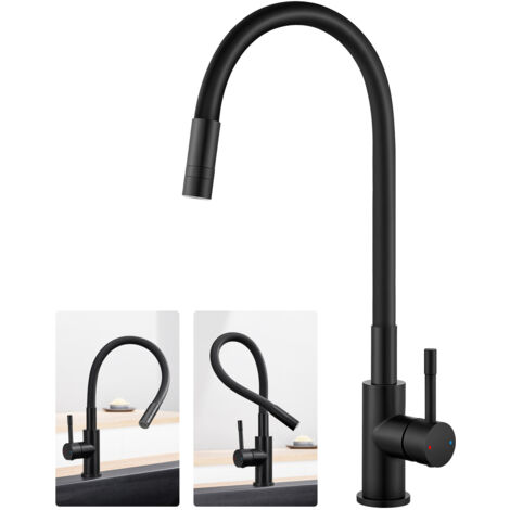 Robinet de cuisine flexible avec 2 modes de pulvérisation, mitigeur de cuisine rotatif à 360°, mitigeur monocommande, robinet flexible pour la cuisine, noir