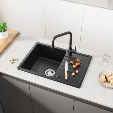Cecipa Evier 1 Bac avec Egouttoir 65 x 45 cm Evier de Cuisine à Encastrer en Quartz et Résine Evier 1 Bac Noir Deux directions d'installation