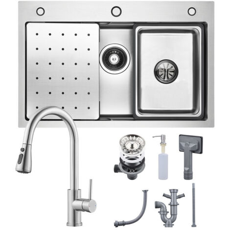 CECIPA MAX  Évier 1 Bac 70 × 45 cm avec Egouttoir, Vasque et Distributeur de Savon avec Mitigeur de Cuisine avec Douchette Extractible 2 Modes de pulvérisat, Brossé
