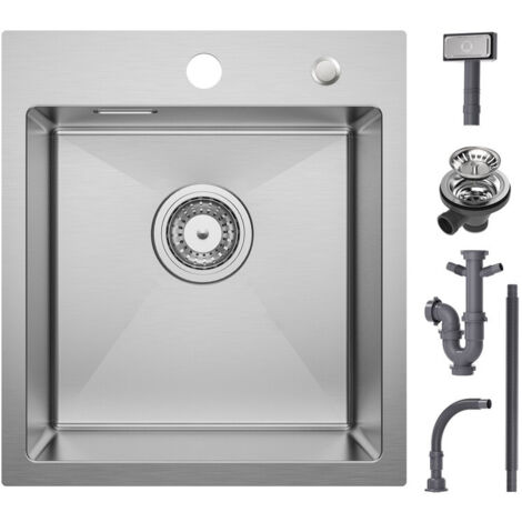 CECIPA Evier Cuisine 1 Bac 40 x 45 x 19 CM - Évier Inox Brossé 1 Cuve avec Siphon et Trop-Plein - Évier de Cuisine Montage à encastrer ou à Fleur de Plan