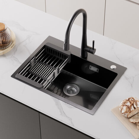 Cecipa 60×45×18CM Évier de Cuisine Anthracite - Évier 1 Bac avec Panier de Drainage Cuisine Acier Inoxydable 201 Grande Capacité