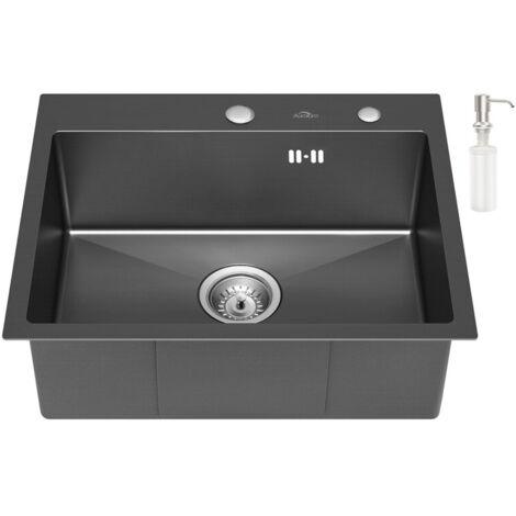 Auralum Évier Cuisine 1 Bac Gris Foncé/Anthracite 55x45x19CM Évier Inox avec Siphon et Trop Plein, Évier Montage à Encastrer, à Fleur de Plan, Distributeur de Savon Fourni Gratuit