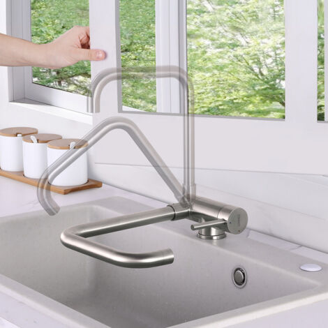 Lonheo Mitigeur Cuisine Rabattable Pivotant à 360°, Robinet de Cuisine avec Poignée Pliable Contre Fenêtre, Robinet Mitigeur Evier Acier Inox 304 à Eau Chaude et Froide pour Cuisine