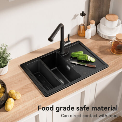 CECIPA MAX Évier de cuisine en granit 65 x 45 cm Évier à poser en granit avec panier de vidange, y compris siphon et ensemble de trop-plein (1/5)