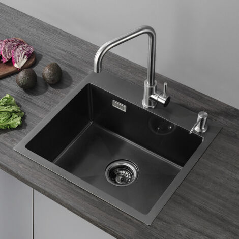 CECIPA Anthracite Evier Cuisine 1 Bac Évier Inox 1 Cuve avec Siphon et Trop-Plein Évier de Cuisine en Couleur Noir 50×45×18.5CM (Sans Distributeur de Savon)