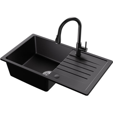 Ensembles d'éviers en granit, 78 x 45 cm Evier de Cuisine avec Egouttoir, Mitigeur de Cuisine avec Douchette Extractible 2 Modes de pulvérisat (1/5)