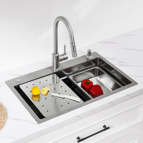 Cecipa Évier 1 Bac avec Egouttoir + Vasque + Distributeur de Savon Gratuit,  70×45 CM Évier Cuisine Inox Argent