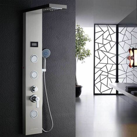 Auralum Colonne de Douche Hydromassante avec Lumières LED et Écran Affichage Temprérature 5 Fonctions Panneau de Douche en Acier Inox à 3 grand Jets de Massage