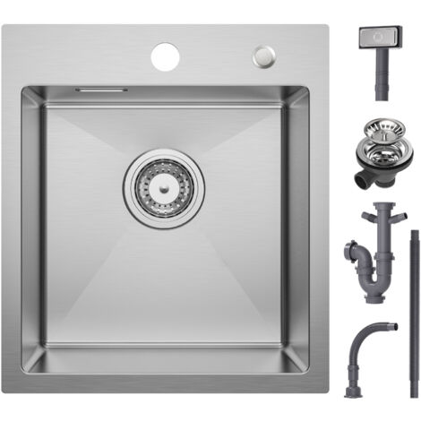 Evier Cuisine 1 Bac 40 x 45 x 19CM - Évier Inox Brossé 1 Cuve avec Siphon et Trop-Plein - Évier de Cuisine Montage à encastrer ou à Fleur de Plan