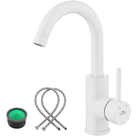 Auralum – Mitigeur de lavabo blanc en inox – Rotation 360° – Barboteur démontable pour écoulement doux – Installation facile avec kit inclus (1/5)