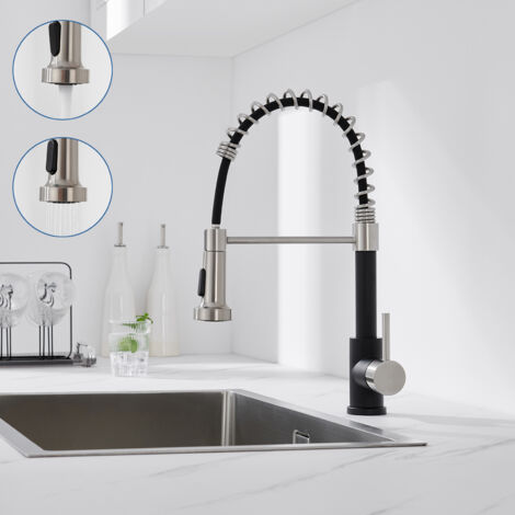 Auralum Robinet Mitigeur Cuisine Noir, Rotatif 360°avec Douchette Extensible, Robinet Cuisine à Ressort 2 Jets , Robinetterie d'Évier en Acier Inoxydable pour Cuisine,Froid & Chaud Disponible