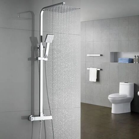 Auralum Colonne de douche à température constante réglable en hauteur 750-1270 mm, colonne de douche carrée chromée, système de douche, douche anti-brûlure