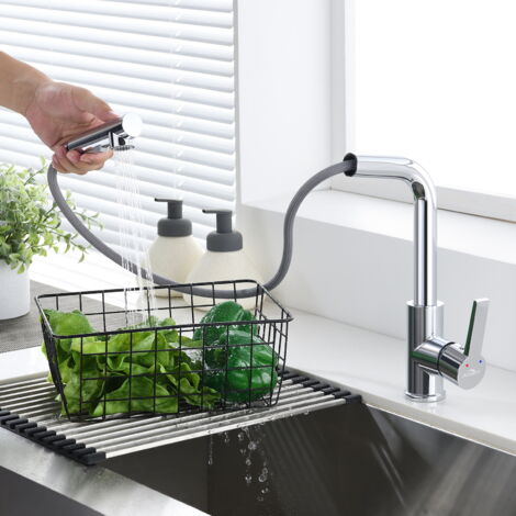 Auralum Robinet Cuisine Mitigeur avec Douchette Extractible ​Mélangeur de Cuisine En 7 Forme Tube ​Chrome Evier Robinetterie Mitigeur Eau et Froide