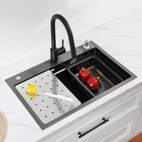 Cecipa Anthracite Évier de Cuisine 1 Cuve 70×45×21,5 cm + Egouttoir + Vasque + Distributeur de Savon, Évier Inox Noir Évier de Cuisine 1 Bac Grande Capacité