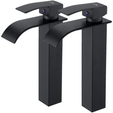 2pcs Mitigeur Robinet Salle de Bain Noir Bec Haut Robinet de Lavabo Cascade Mitigeur Vasque à Poser Lave-main Robinetterie Monocommand en Laiton pour Lavabo