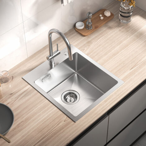 CECIPA Evier Cuisine 1 Bac 40 x 45 x 19CM - Évier Inox Brossé 1 Cuve avec Siphon et Trop-Plein - Évier de Cuisine Montage à encastrer ou à Fleur de Plan