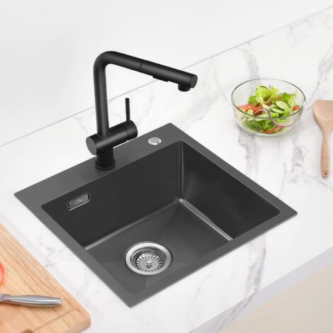 Auralum Évier 1 Bac 45x45x19 CM Évier Cuisine en Inox avec Système de Drainage Évier Anthracite Montage à Encastrer ou à Fleur pour table à partir de 50 cm
