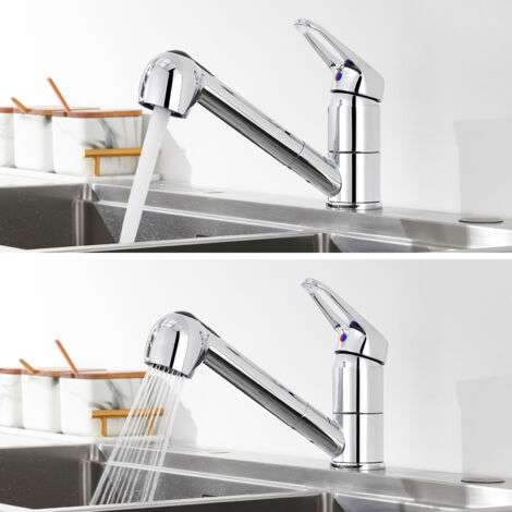 Auralum Robinet Cuisine Douchette, Mitigeur Cuisine avec Douchette, Robinetterie de Cuisine avec Douchette Extractible Rotatif à 360° Froid & Chaud Disponible, Chromé (1/10)