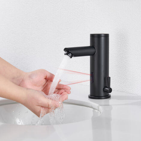 Auralum Mitigeur Lavabo Infrarouge Electronique Eau Froide et Chaude Mitigeur Automatique Laiton Noir Robinet Automatique de Lavabo pour Salle de Bain