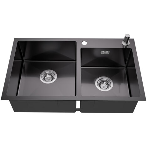 Auralum Évier 2 Bacs 75x45x19CM Évier à Encastrer en Inox avec Distributeur de savon et Ensemble de Drainage, Évier Cuisine Anthracite pour meuble de 80cm