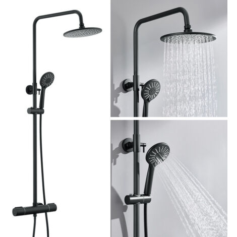 Auralum – Colonne de douche thermostatique noire – Mitigeur réglé à 38°C – Hauteur ajustable 840-1210 mm – Tête de douche 22,5 cm 3 jets (1/5)
