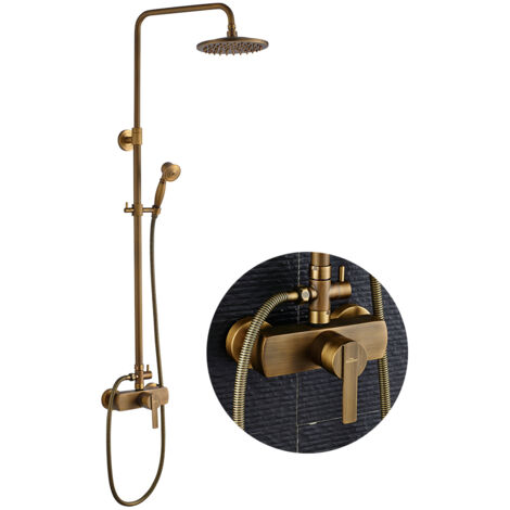 Auralum Colonne de Douche Rétro 2 Fonctions Colone de Douche Murale Set avec Colonne de Douche Réglable y Compris Pommeau de Douche à Effet Pluie, Ensemble Mitigeur Douche,Laiton