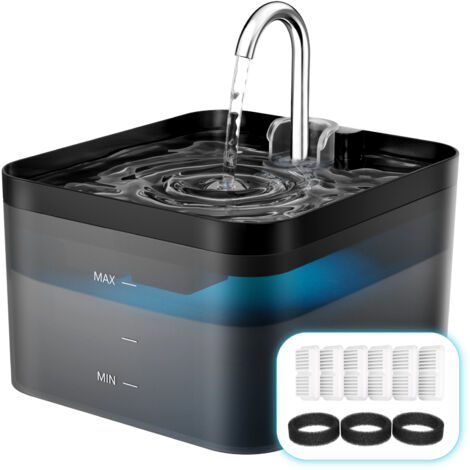 Balimo Fontaine pour chat, filtration multiple 2,2 L, 2 modes de débit d'eau, Avec 6 filtres + 3 filet éponge, Noir