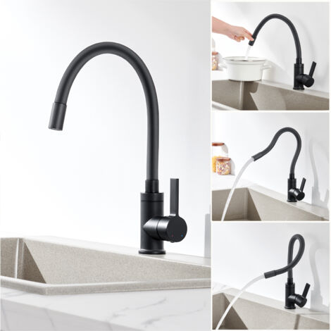 Auralum Robinet de Cuisine Flexible Noir Rotatif 360° Mitigeur Évier Cuisine avec Tuyau en Silicone, Barboteur démontable