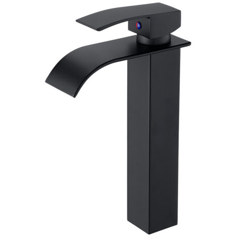 Robinet Lavabo Cascade Noir, Haut Mitigeur Vasque à Poser Salle de Bain, Robinetterie Grand Bec Carré en Laiton, Eau Chaude et Froide Disponible, Hauteur du Bec 204mm