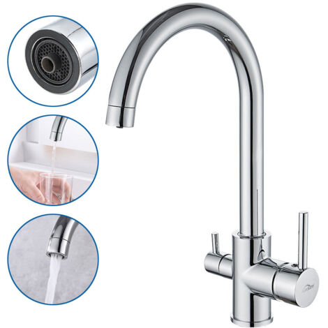 Auralum Robinet de Cuisine 3 Voies, Mitigeur 3 Voies Cuisine Pivotant à 360°, Robinetterie Cuisine Eau Potable,Robinet Évier de Cuisine avec Sortie Eau Filtrée, Acier Inoxydable