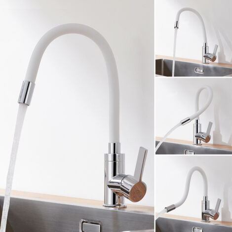 Robinet Cuisine Flexible, Auralum Mitigeur Cuisine Blanc Pivotant à 360°, Mitigeur d'évier avec Tuyau en Silicone Flexible, Robinetterie de Cuisine avec Sortie d'Eau Haute (1/5)