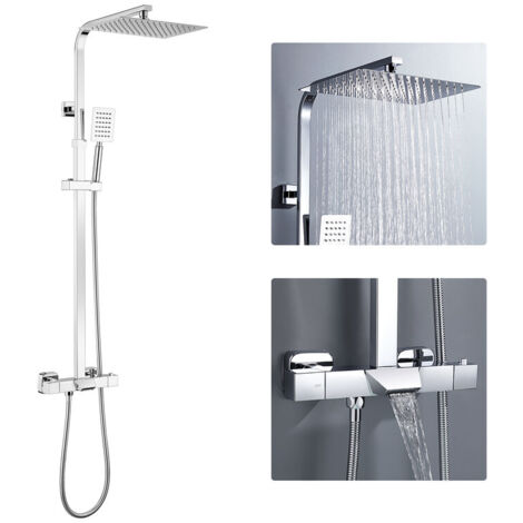 Colonne de douche Thermostatique en Acier Inox, 3 Fonctions Ensemble de douche Chromé avec Bec inférieur, Haute Réglable 98-129 cm