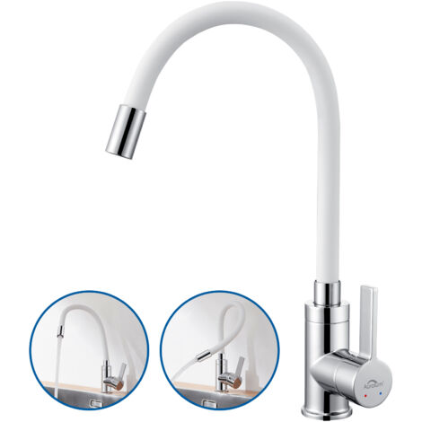 Auralum Robinet de Cuisine Flexible Bec Haut Orientable Librement Mitigeur Évier Laiton Robinet Evier Monotrou à Eau Chaude et Froide, Blanc (1/5)