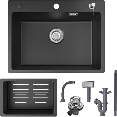 Cecipa Evier 1 Bac 60x45cm avec Panier de Vidange et Distributeur de Savon Gratuits - Evier en Quartz et Résine - Evier de Cuisine Noir