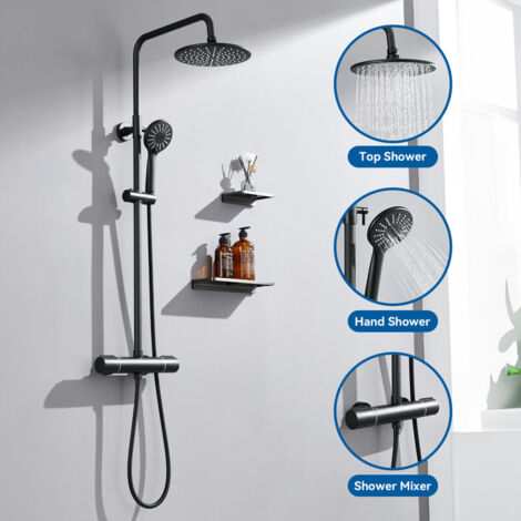Colonne de Douche Thermostatique Auralum Ensemble de Douche Ronde avec Mitigeur Thermostatique de 38°C Système de Douche Hauteur Réglable 840-1210mm Set de Douche Douchette avec 3 Jets D’eau Noir