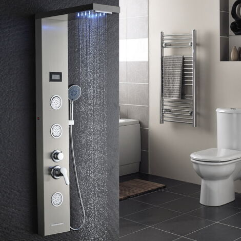 AuraLum Panneau de Douche Colonne de Douche Hydromassante LED Panneau de Douche en Acier Inox Brossé avec 3 Jets de Massage pour Salle de bain