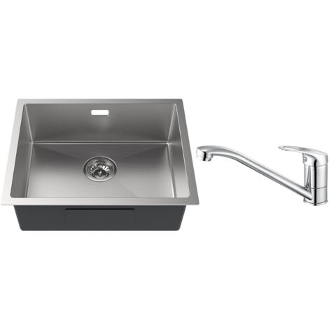 Auralum Évier 1 Bac 55x44x19CM Évier sous plan en Inox avec Robinet de Cuisine Rotation à 360°, Trop-Plein et Système de Drainage (1/5)