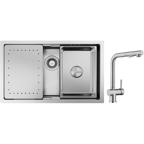 Évier Cuisine 1 Bac 70×44×21CM Évier à Encastrer Inox Brossé avec Egouttoir et Vasque + Mitigeur Cuisine Brossé avec Douchette Robinet Douchette