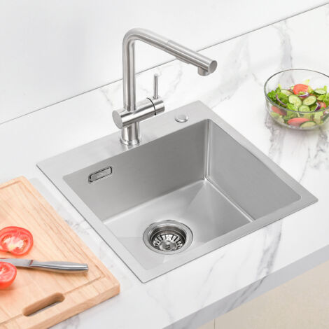 Auralum Évier 1 Bac 45x45x19 CM Évier Cuisine en Inox avec Système de Drainage Évier Montage à Encastrer ou à Fleur pour table à partir de 50 cm