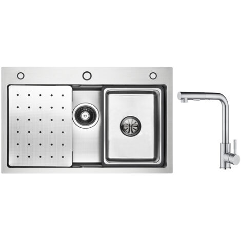 Cecipa Évier 1 Bac 70×45cm avec Egouttoir, Vasque et Distributeur de Savon + Mitigeur Cuisine Brossé avec Douchette Extractible - 2 Jets aux Choix
