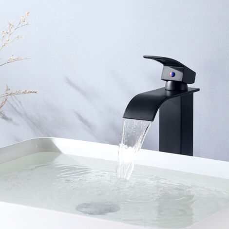 Auralum Mitigeur Robinet de Lavabo Cascade Noir Moderne Mitigeur Robinet Salle Bain pour Vasque à Poser Robinetterie Convient pour le lavabo au-dessus du Comptoir