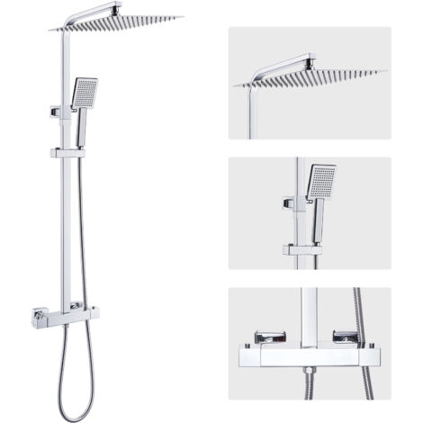 Système de douche chromé ensemble complet avec thermostat, ensemble de douche à effet pluie avec pomme de douche à effet pluie de 12 pouces, douchette à main et barre de douche réglable (1/5)