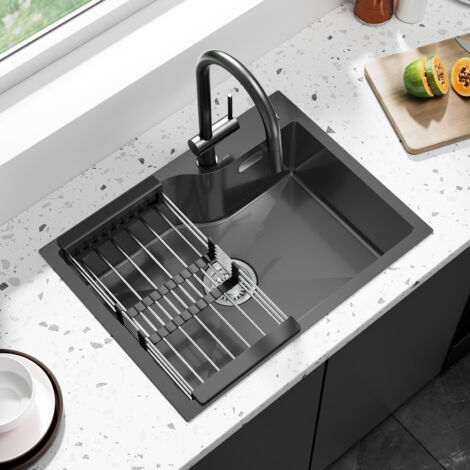 Évier Cuisine Acier Inoxydable Anthracite, 60 × 45 × 18 CM Évier de Cuisine 1 Bac avec Panier de Drainage (1/5)