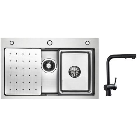Cecipa Évier 1 Bac 70×45cm avec Egouttoir, Vasque et Distributeur de Savon + Robinet Cuisine avec Douchette Extractible, Mitigeur d'évier Noir (1/5)