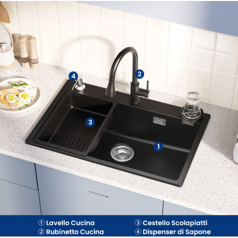 Ensemble d'évier de cuisine en granit 70 × 45 cm avec robinet extractible à deux fonctions, égouttoir et distributeur de savon, évier à poser adapté aux armoires de plus de 80 cm