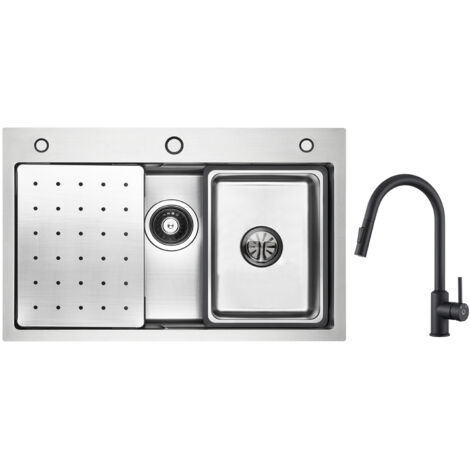 Cecipa Évier 1 Bac 70×45cm avec Egouttoir, Vasque et Distributeur de Savon + Mitigeur de Cuisine avec Douchette Extractible Noir (1/5)