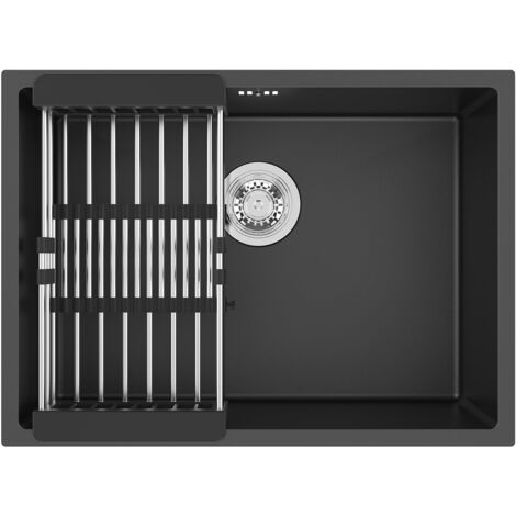 Évier Cuisine 1 Bac 60 x 44 x 20 CM Évier sous plan Gris-noir avec Égouttoir panier et Ensemble de Drainage