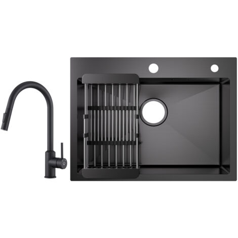Cecipa Évier 1 Bac Inox avec Panier de Drainage - Évier de Cuisine Noir 60×45×18 cm + Mitigeur de Cuisine avec Douchette Extractible Rotatif à 360 ° Noir (1/5)