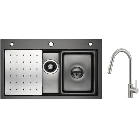 Cecipa Évier 1 Bac 70×45cm avec Egouttoir, Vasque et Distributeur de Savon + Mitigeur avec Douchette Extractible 2 Modes de Sortie D'eau (1/5)
