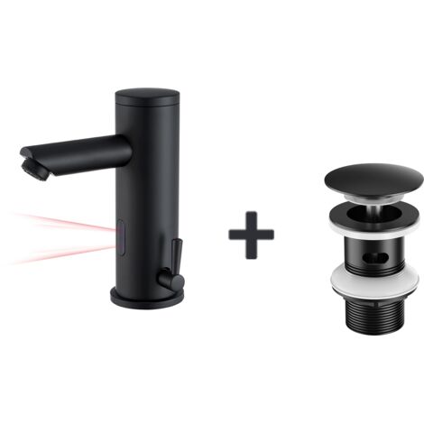 Auralum – Robinet automatique infrarouge noir – Fonctionnement sans contact – Bonde pop-up avec trop-plein – Installation facile sur plans de travail (1/5)